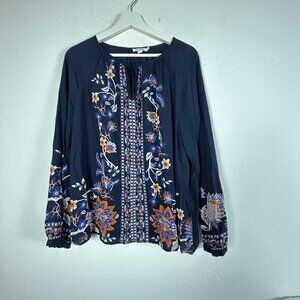Chico's Womens Navy Floral Embroidered Boho Peasant Blouse Top Size 2.5 US 14